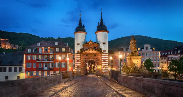 Illuminated old bridge gate in heidelberg germany 2026 03 10 01 06 23 utc